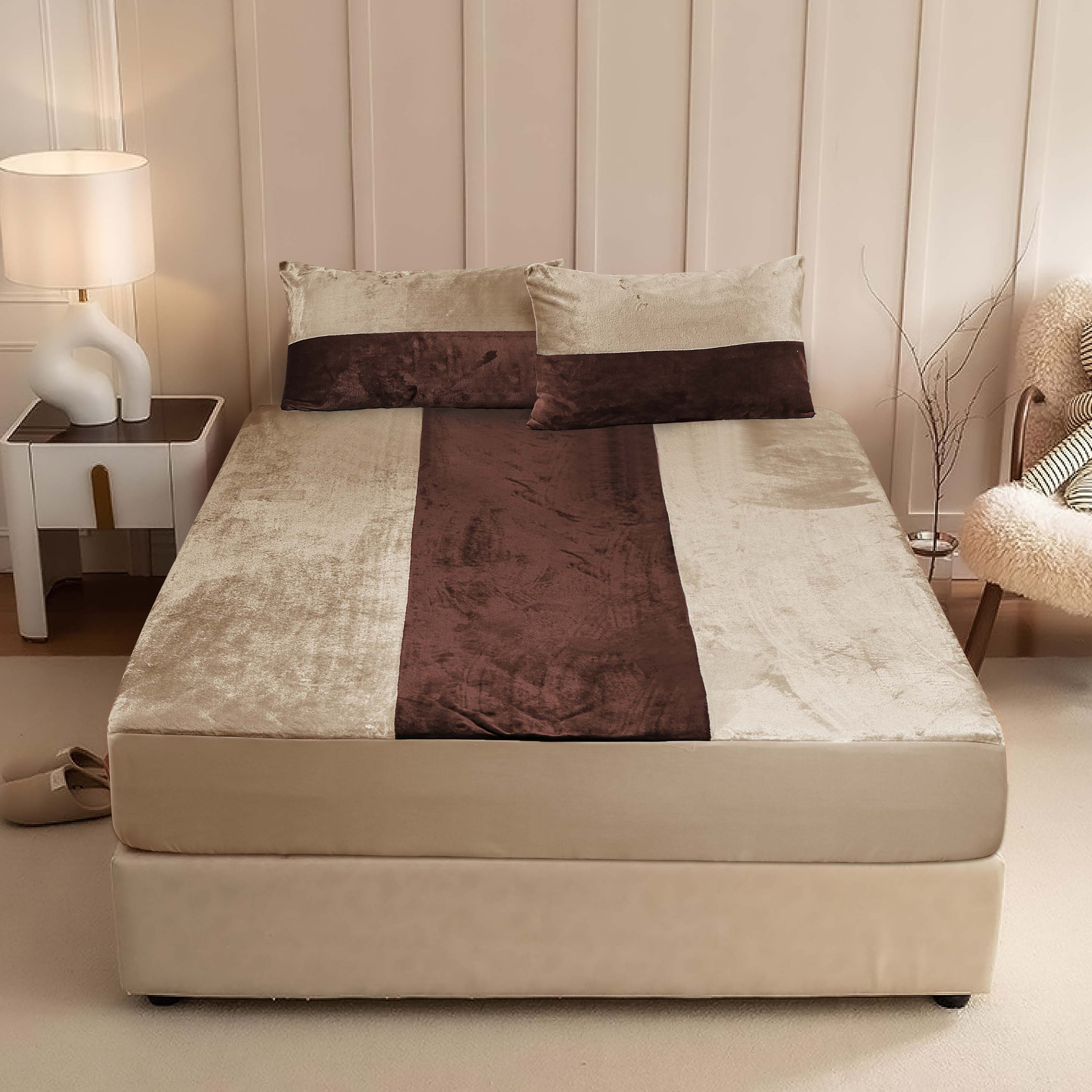 Vertical Duo Tone Fleece Fitted Sheet, Sand-Brown