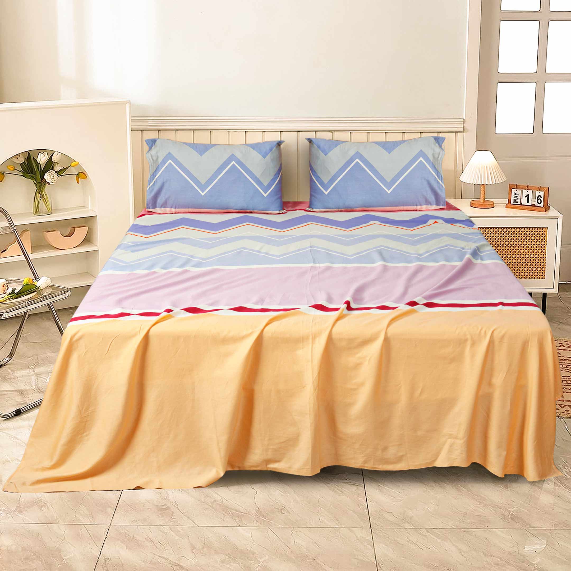 Zig Zag Pattern Cotton Satin Bedsheet Set- 3 Pcs