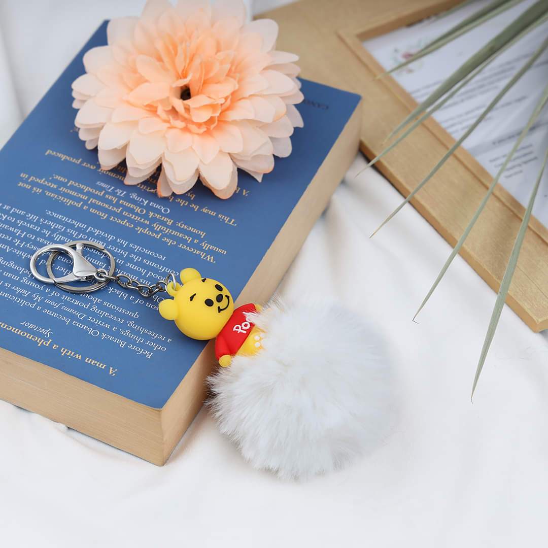 Pooh Character Fluffy Ball hanging Keychain (Any Random Color)
