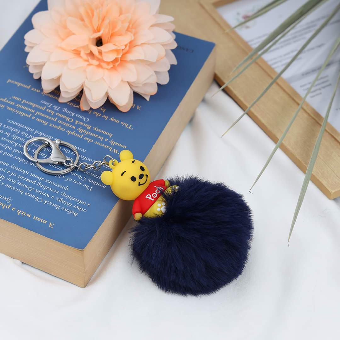 Pooh Character Fluffy Ball hanging Keychain (Any Random Color)