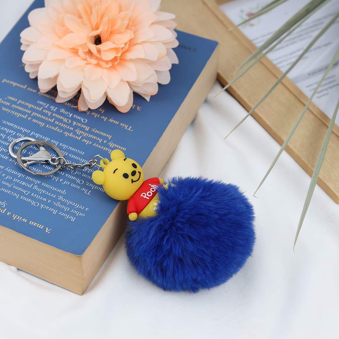 Pooh Character Fluffy Ball hanging Keychain (Any Random Color)