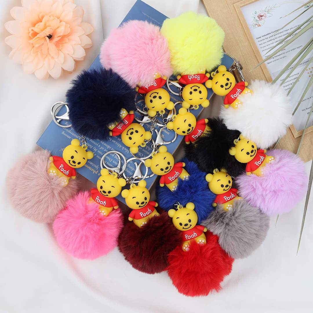 Pooh Character Fluffy Ball hanging Keychain (Any Random Color)