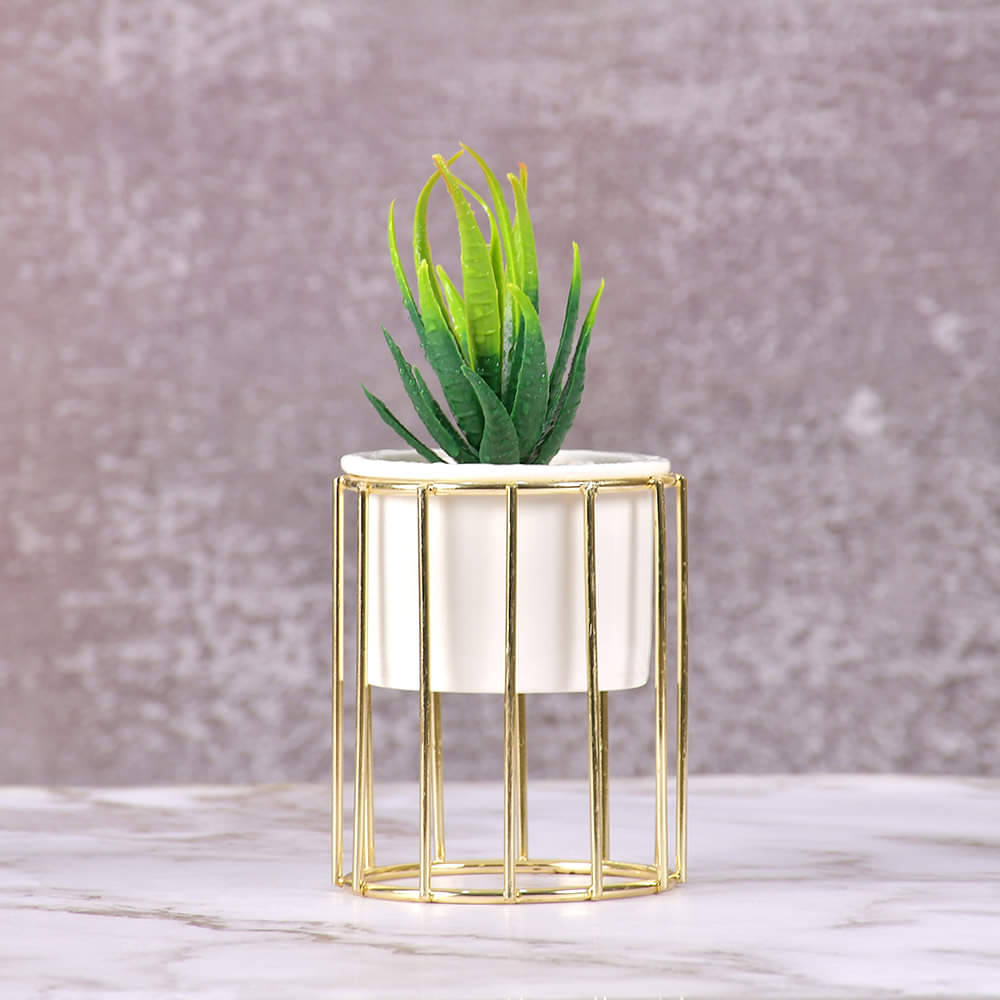 Pure White Porcelain Flower Pot with Vertical Stand & Planter ( Artificial Plants)