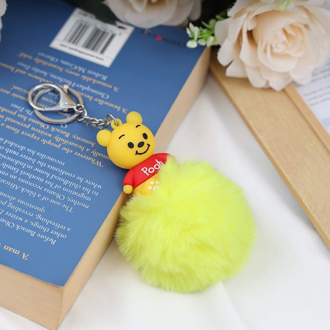 Pooh Character Fluffy Ball hanging Keychain (Any Random Color)