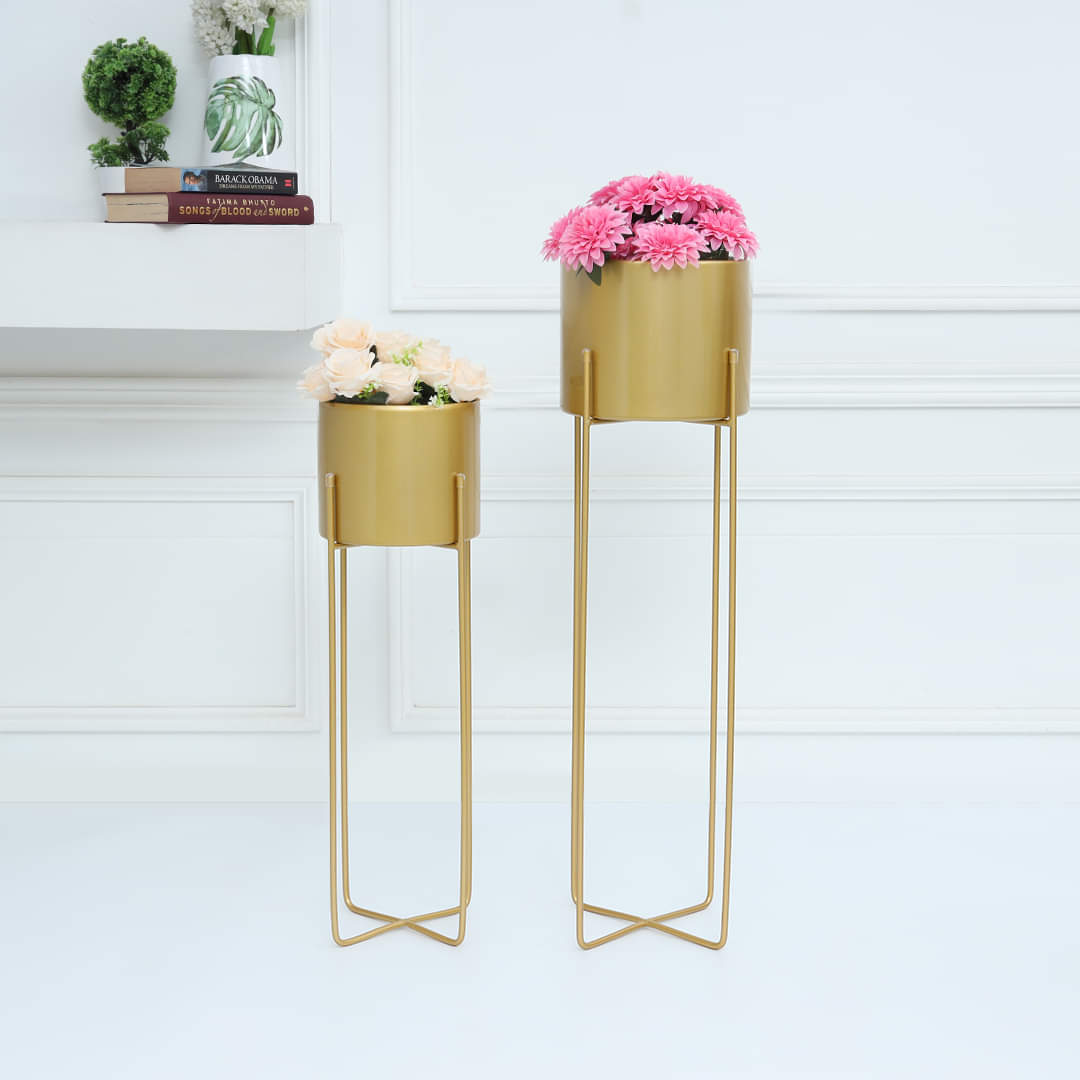 Metal Burnish Iron Base Gold Floor Planter Pot With Gold Stand