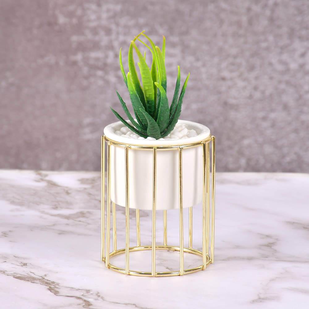 Pure White Porcelain Flower Pot with Vertical Stand & Planter ( Artificial Plants)