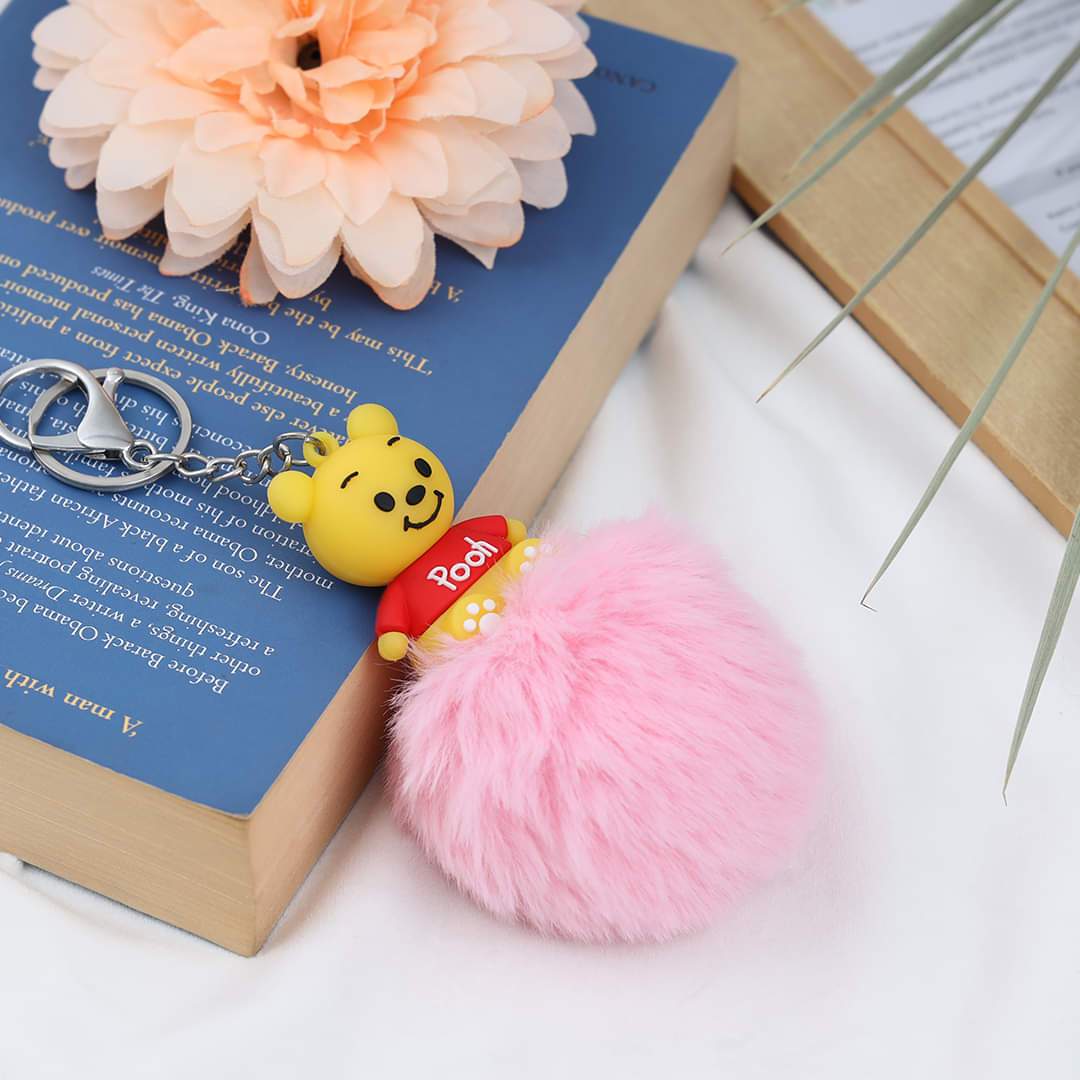 Pooh Character Fluffy Ball hanging Keychain (Any Random Color)