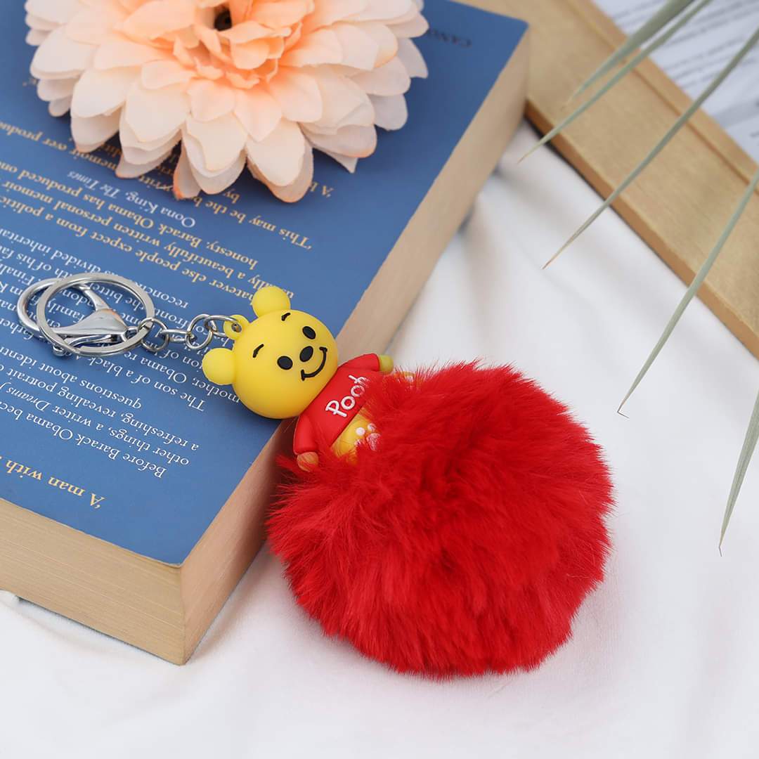 Pooh Character Fluffy Ball hanging Keychain (Any Random Color)