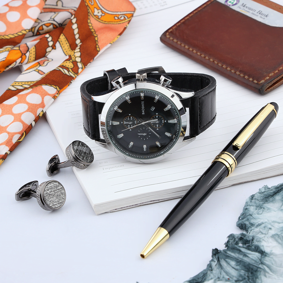 Baoshite Stainless Steel and Leather Men's Watch Gift Set