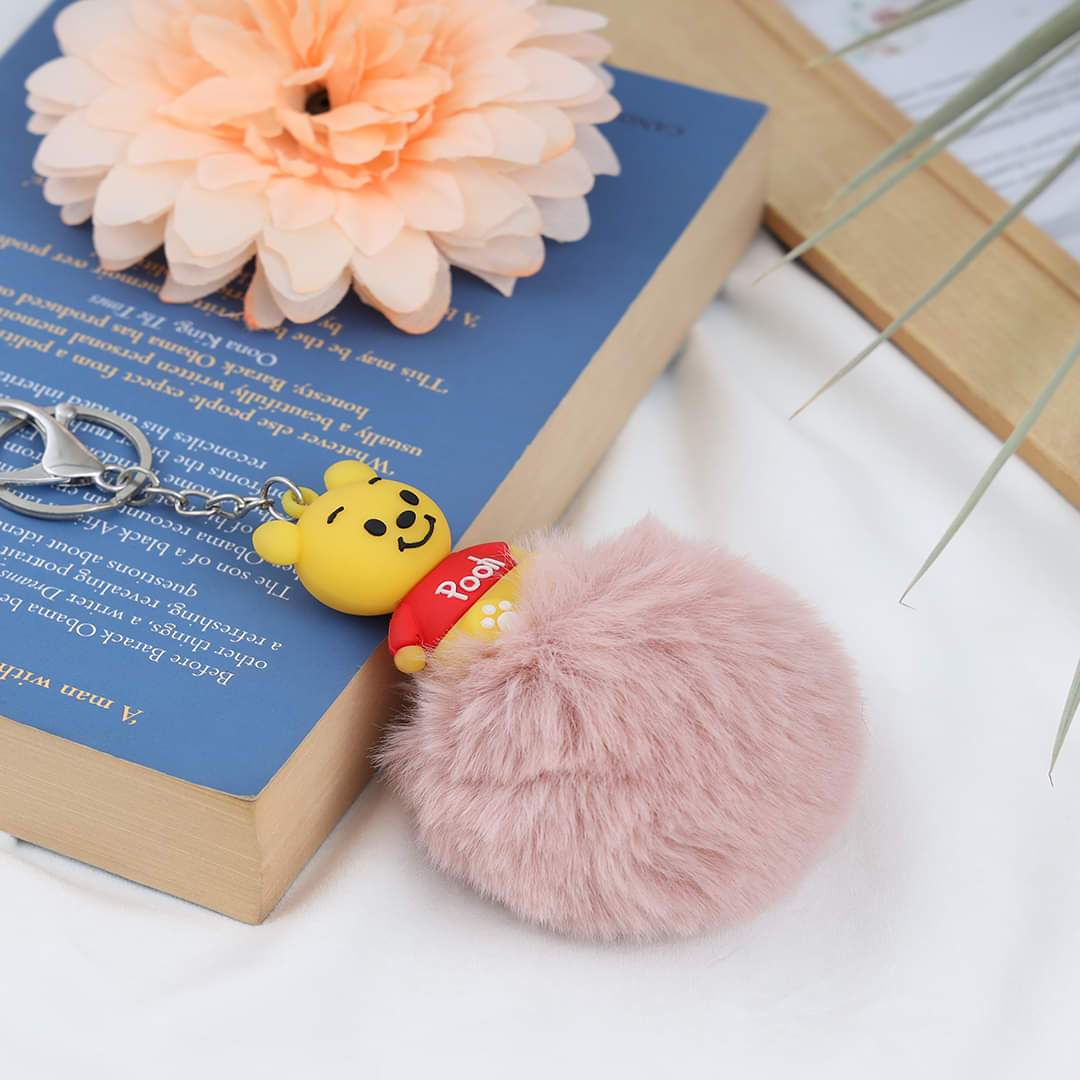 Pooh Character Fluffy Ball hanging Keychain (Any Random Color)