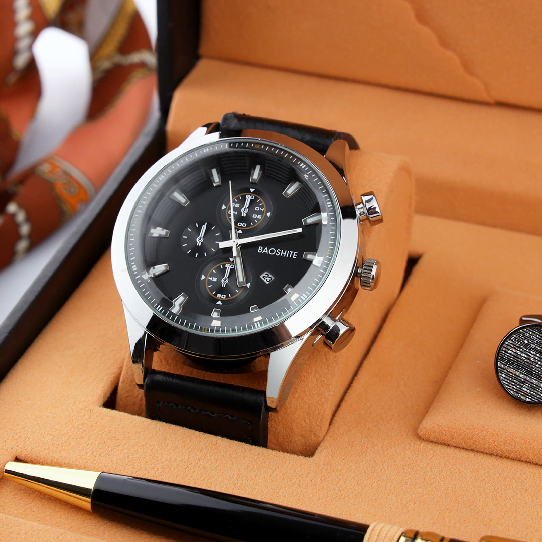 Baoshite Stainless Steel and Leather Men's Watch Gift Set