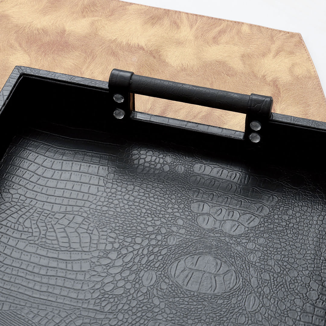 Pair of Diamond Engraved Classic PU Leather Black Serving Tray