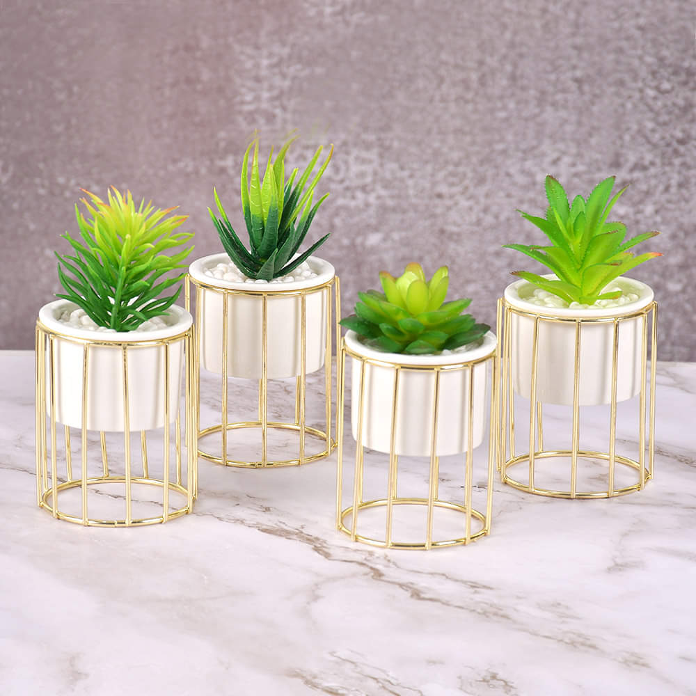 Pure White Porcelain Flower Pot with Vertical Stand & Planter ( Artificial Plants)