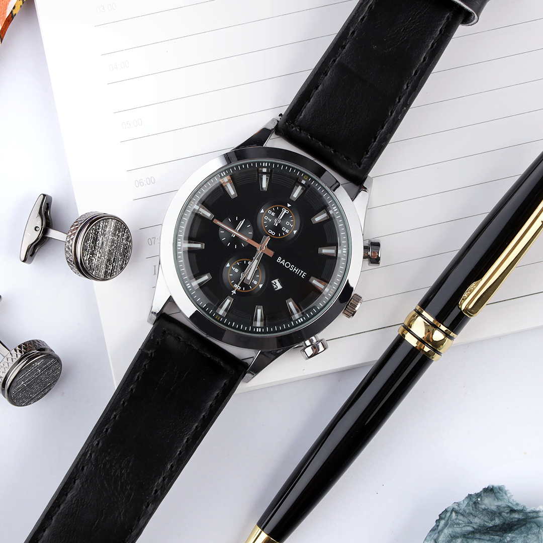 Baoshite Stainless Steel and Leather Men's Watch Gift Set