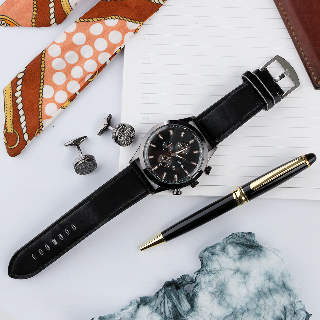Baoshite Endeavour Stainless Steel & Leather Men's Watch Gift Set