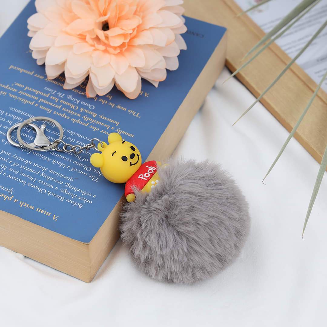 Pooh Character Fluffy Ball hanging Keychain (Any Random Color)