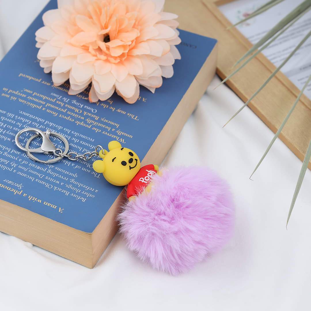 Pooh Character Fluffy Ball hanging Keychain (Any Random Color)