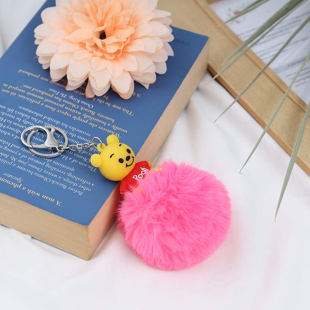 Pooh Character Fluffy Ball hanging Keychain (Any Random Color)