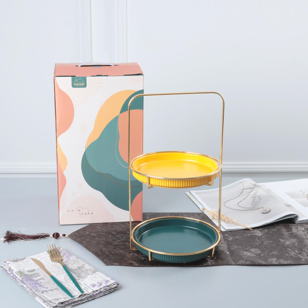 Nordic Style Yellow & Green 2 Tier Round Marble Serving Tray