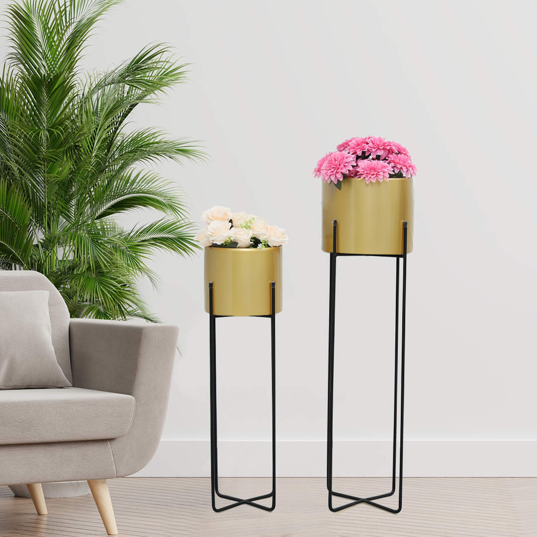 Metal Emiliano Iron Base Gold Floor Planter Pot With Black Stand