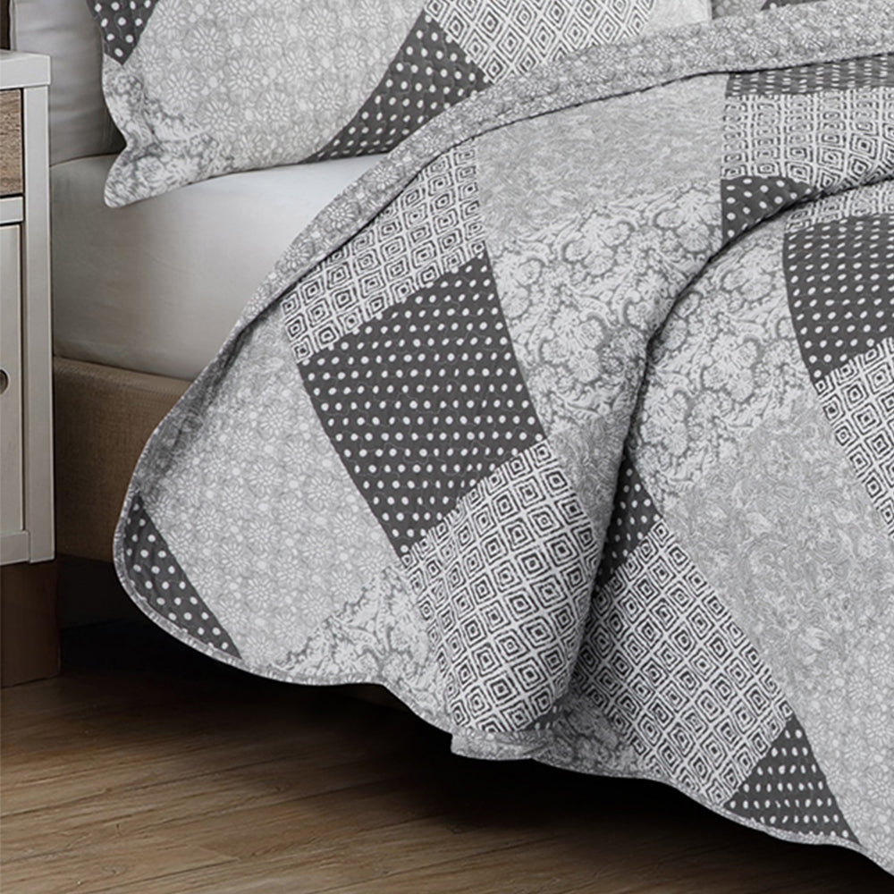 3-Pcs Tom Glamour Home Satin Grey Patchwork Bedspread Set