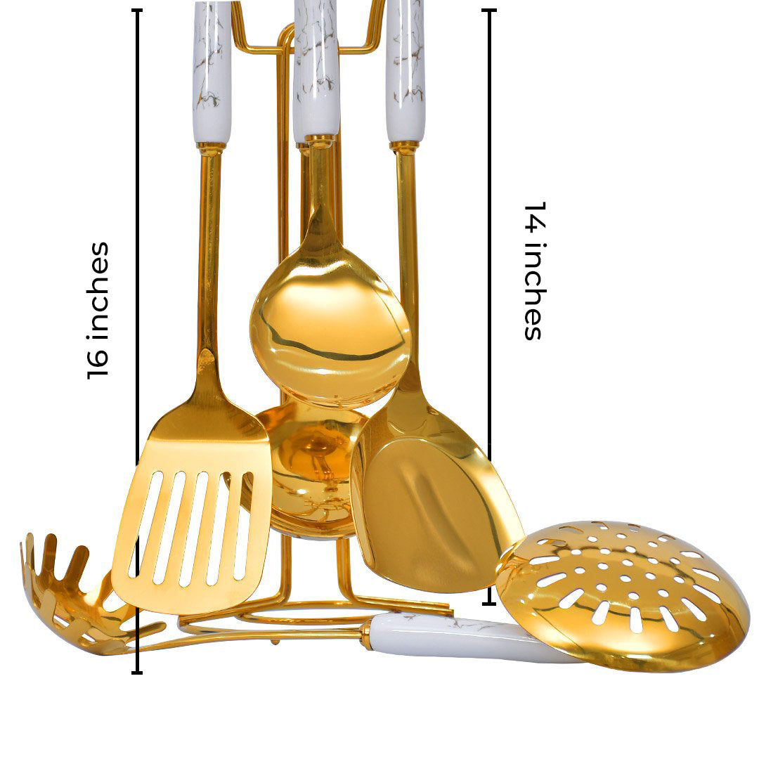 Luxury Golden Stainless Steel Utensil Set with Marblene Pattern Handles-7 Pcs