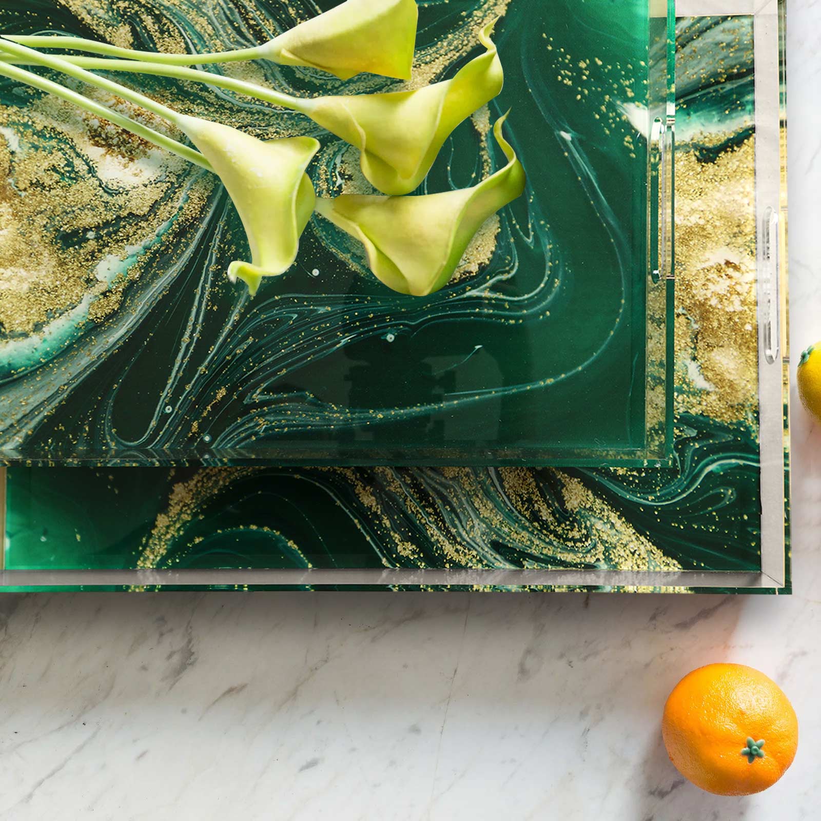 Pair of Arctic Sea Green Marble Pattern Acrylic Serving Tray