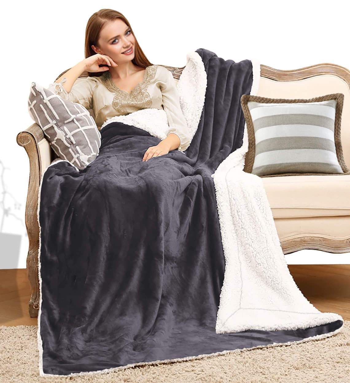 Ultra Soft Sherpa Throw Blanket - Grey