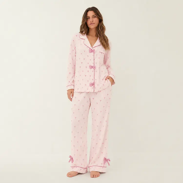 Pink Stripe Bow Lounge wear- 2pc set
