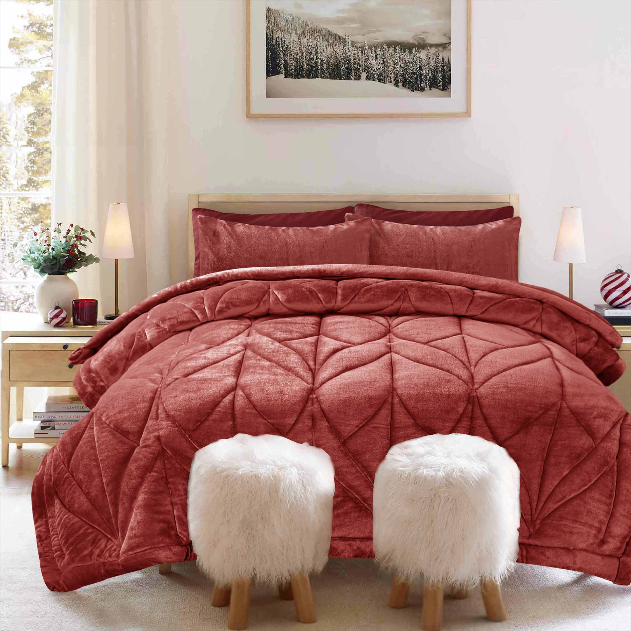 Diamond Puff Quilted 6pc Set-Red Dahlia