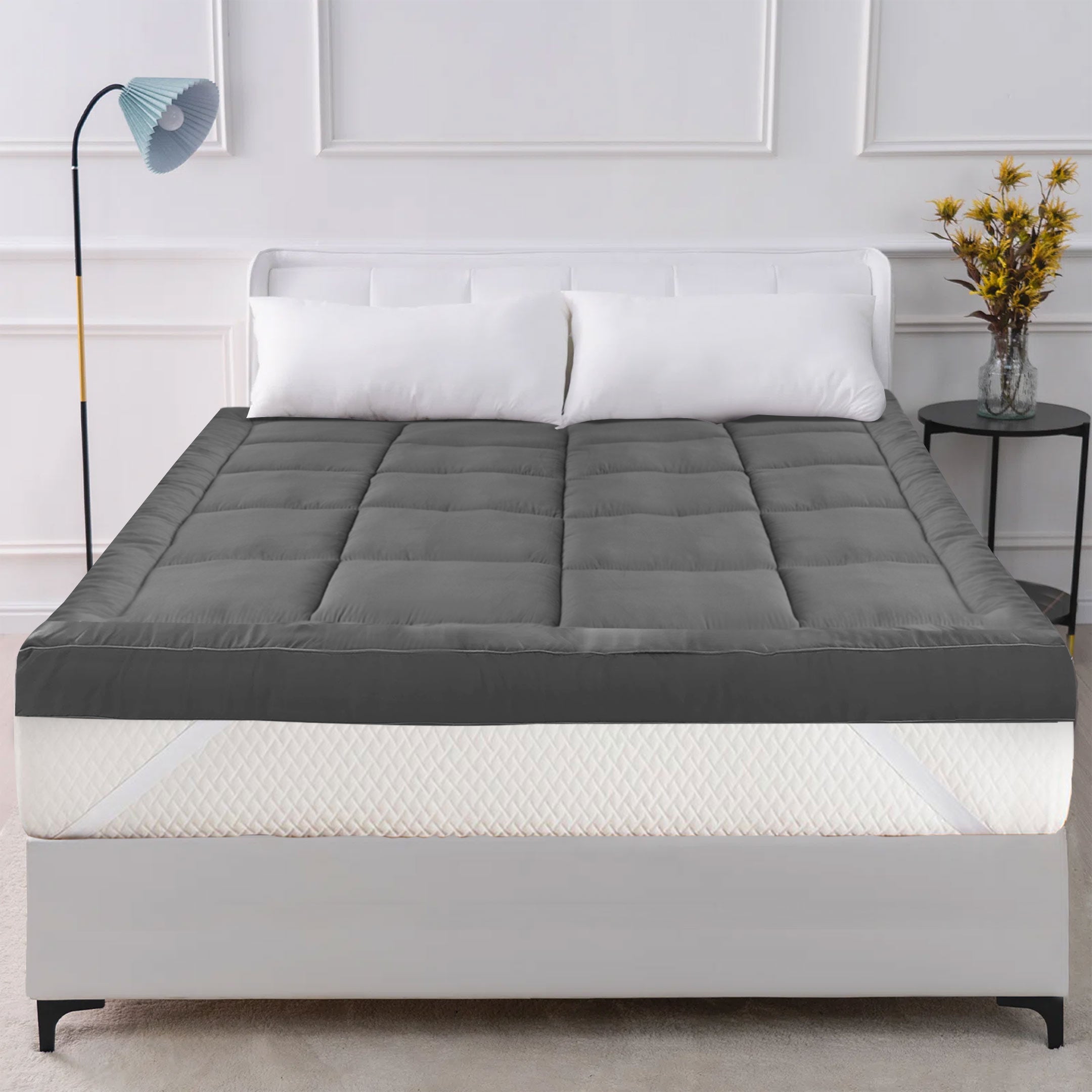 Square Quilted Mattress Topper Grey