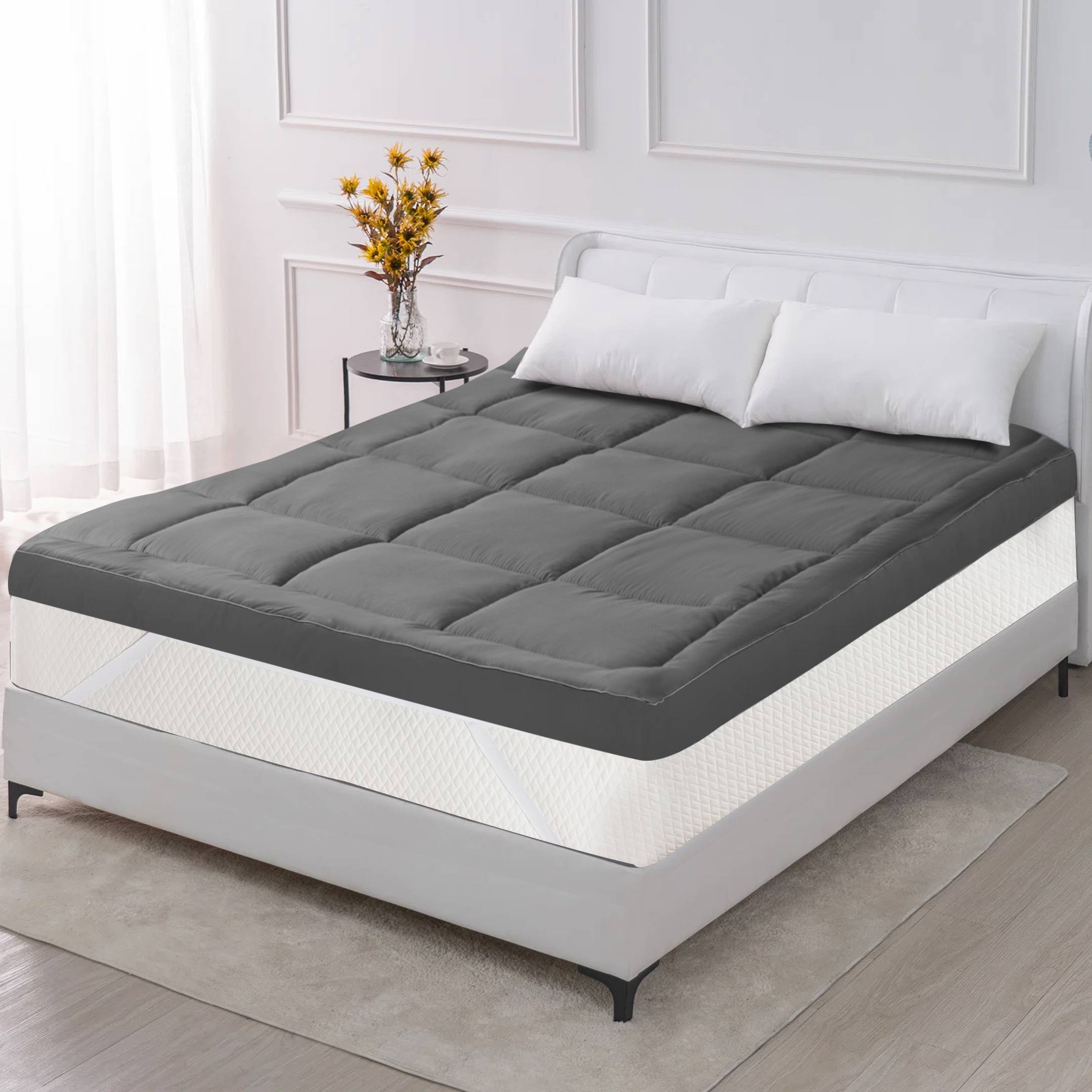 Square Quilted Mattress Topper Grey