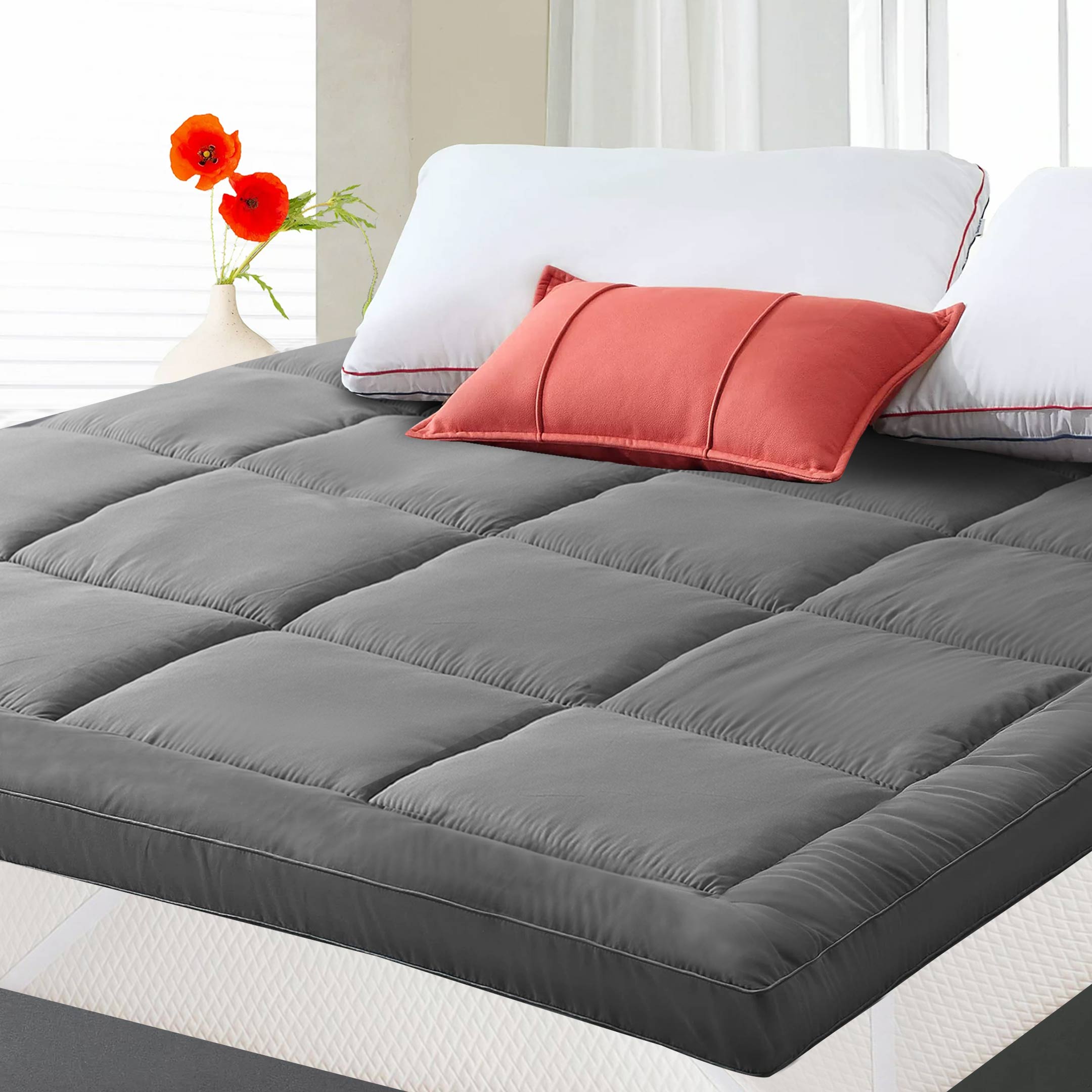 Square Quilted Mattress Topper Grey