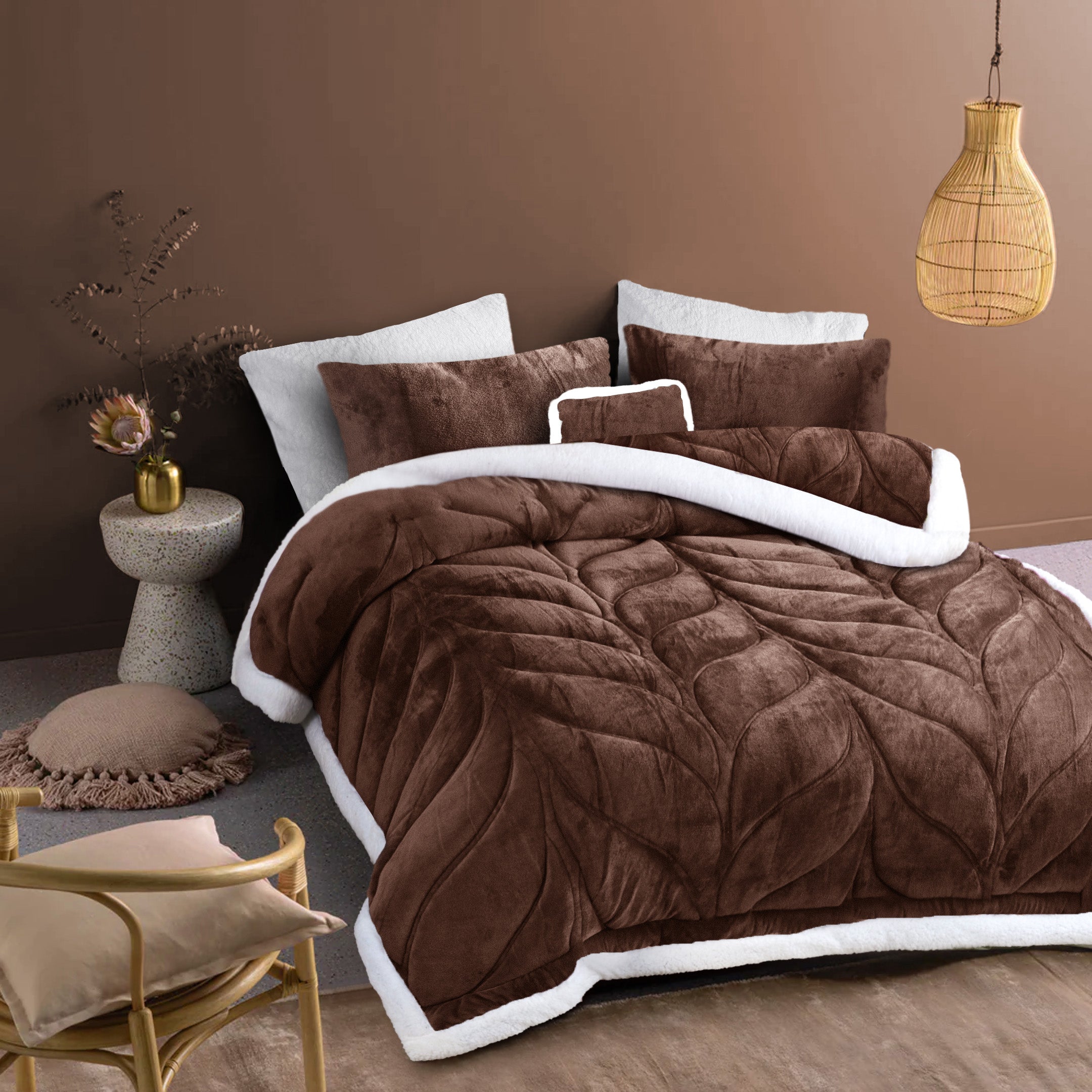 Heavy Weighted Plain Fleece & Sherpa 7pcs Bedding Set-Chocolate Brown
