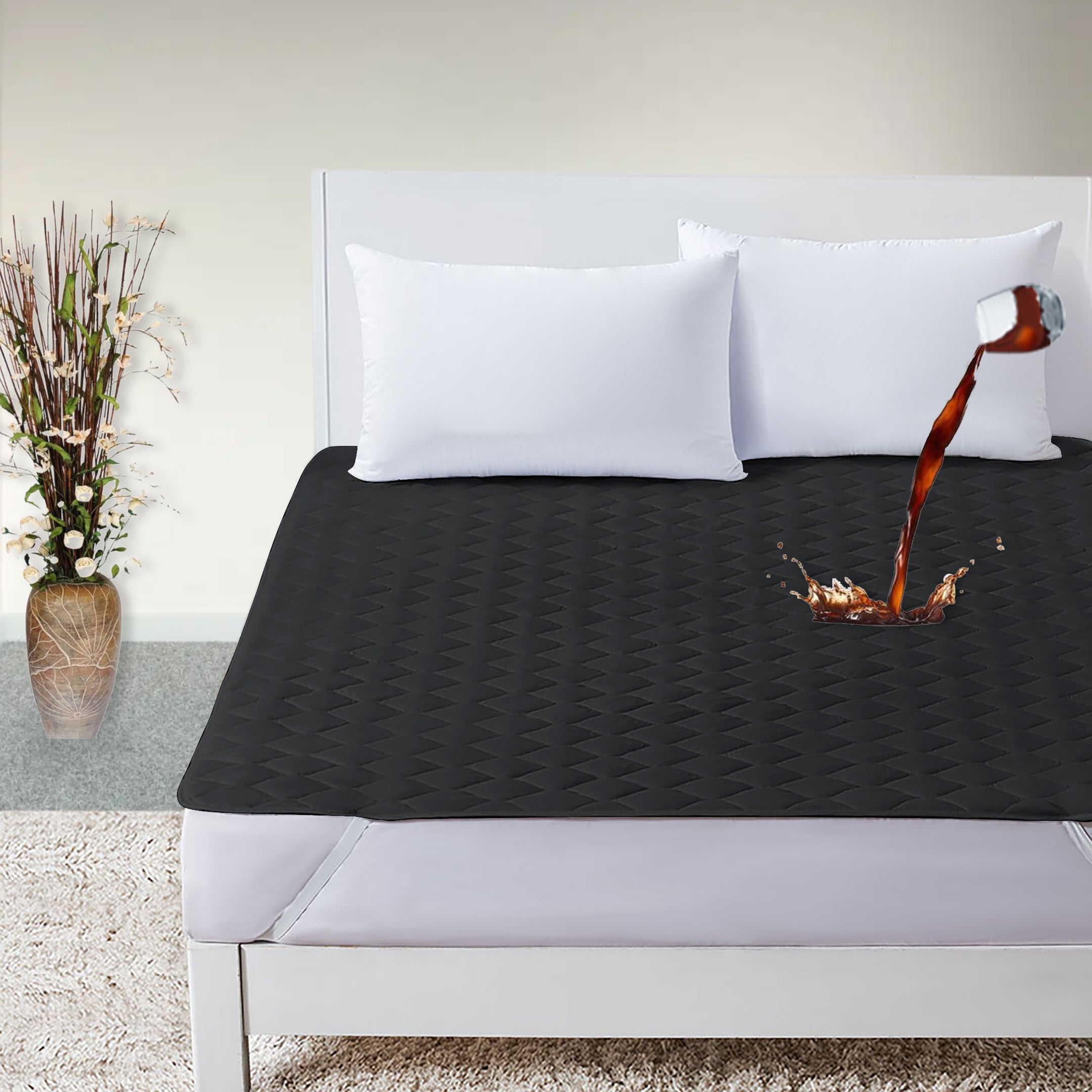 Waterproof Quilted Mattress Protectors With Elastic Strap Black