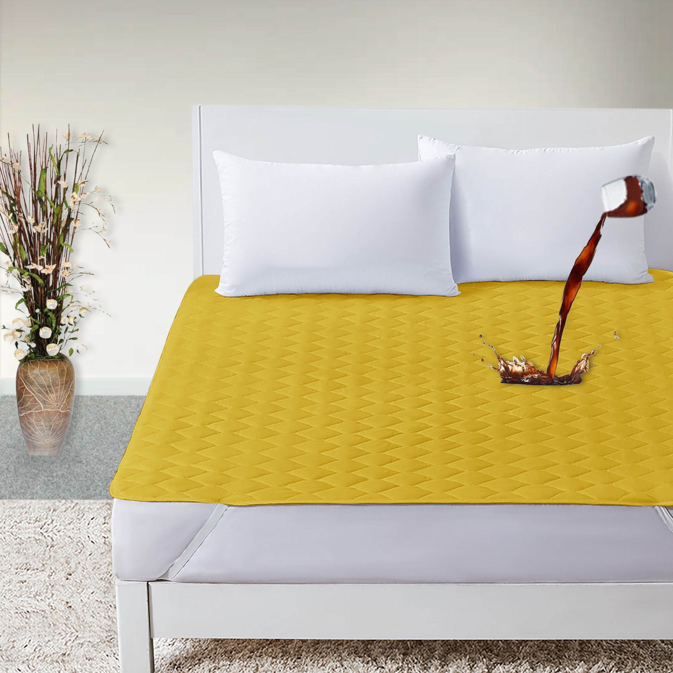 Waterproof Quilted Mattress Protectors With Elastic Strap Mustard
