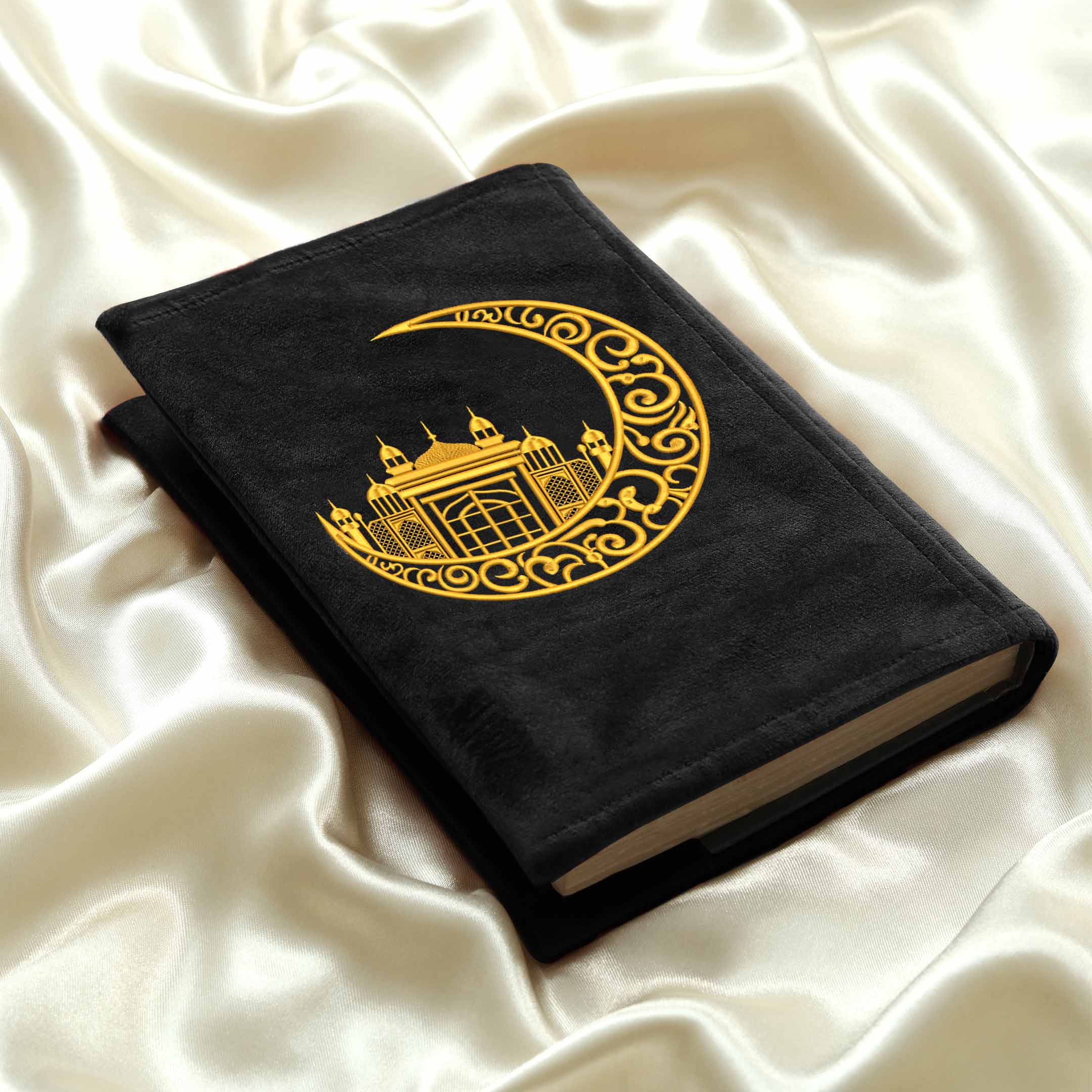 Moon Embroidered Black Velvet Quran Pak with Cover