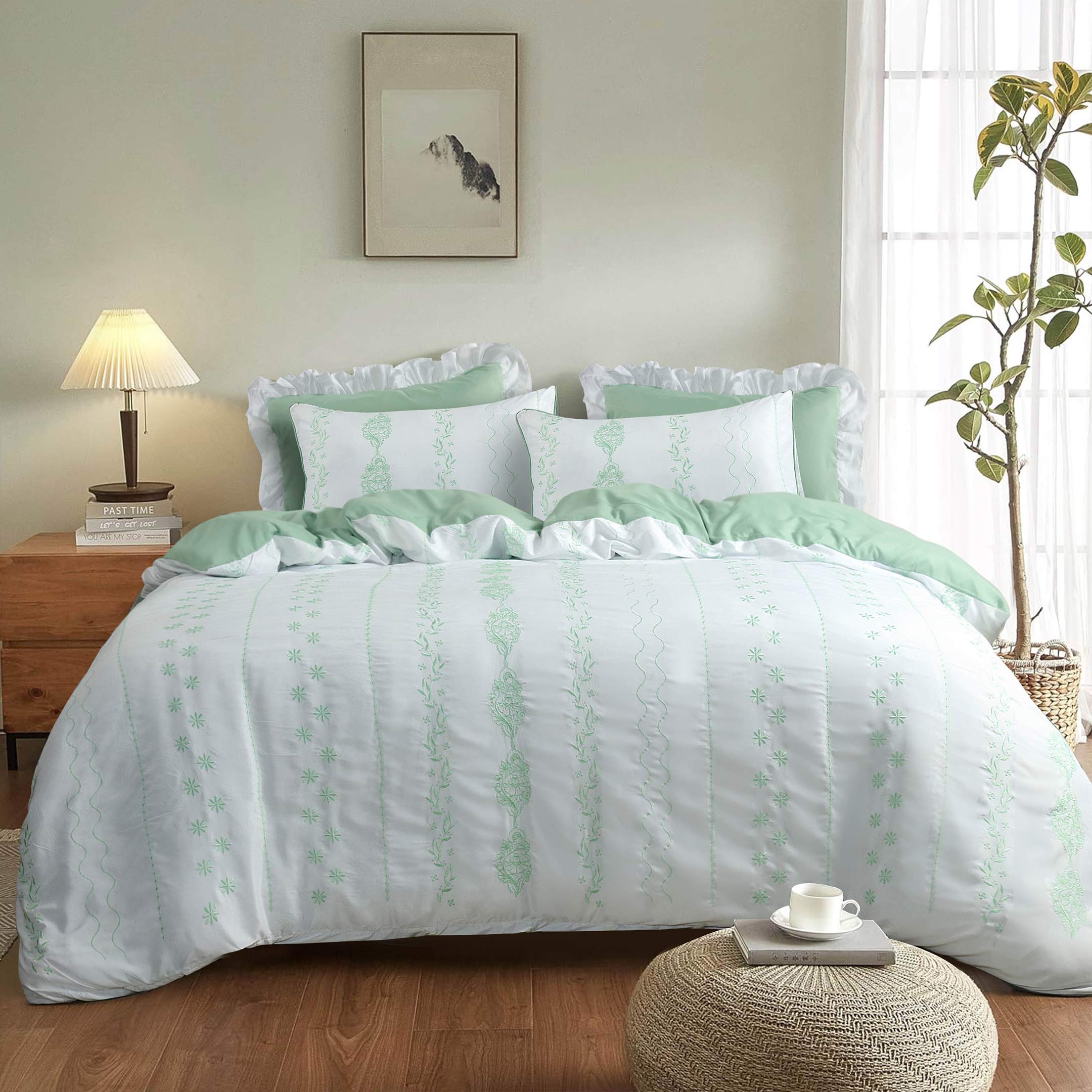 Mint Floral Accents Duvet Cover Set