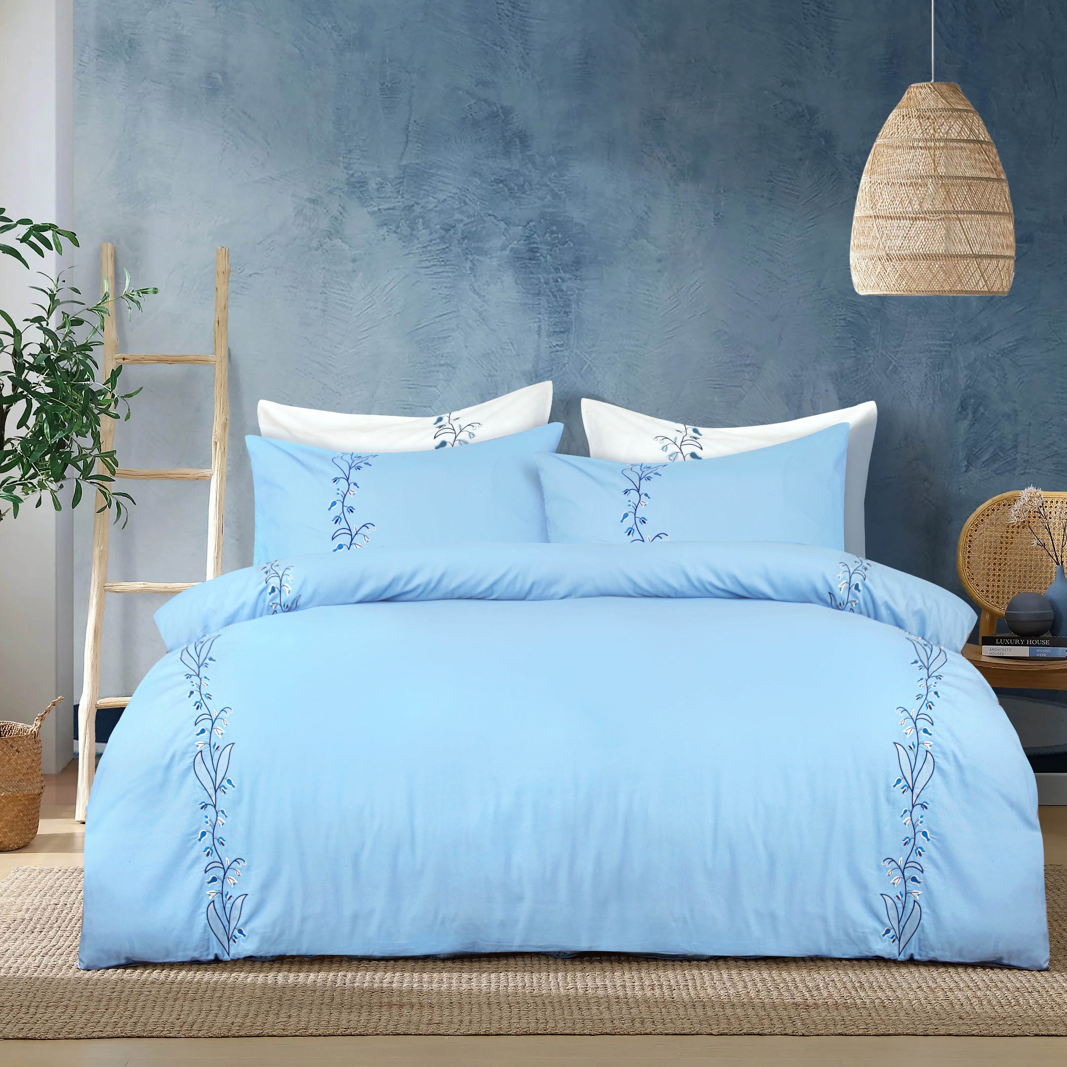 Serene Blue Embroidered Duvet Cover Set
