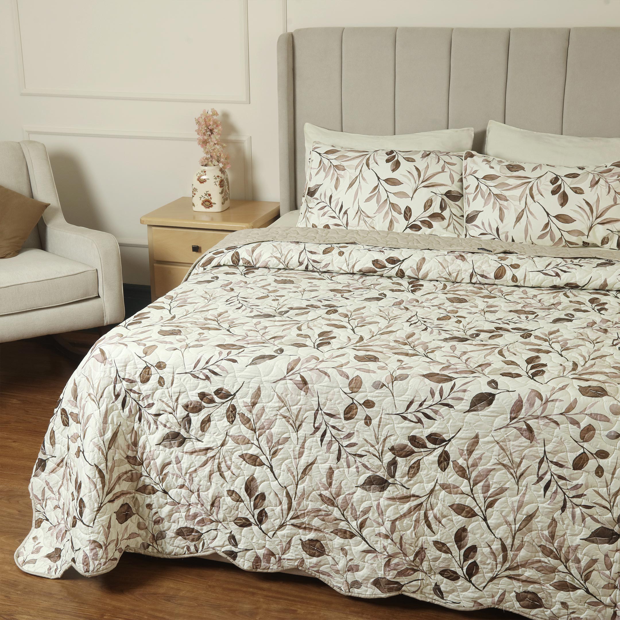 Rosewood Leaves Summer Quilted Bedspread-3pc Set