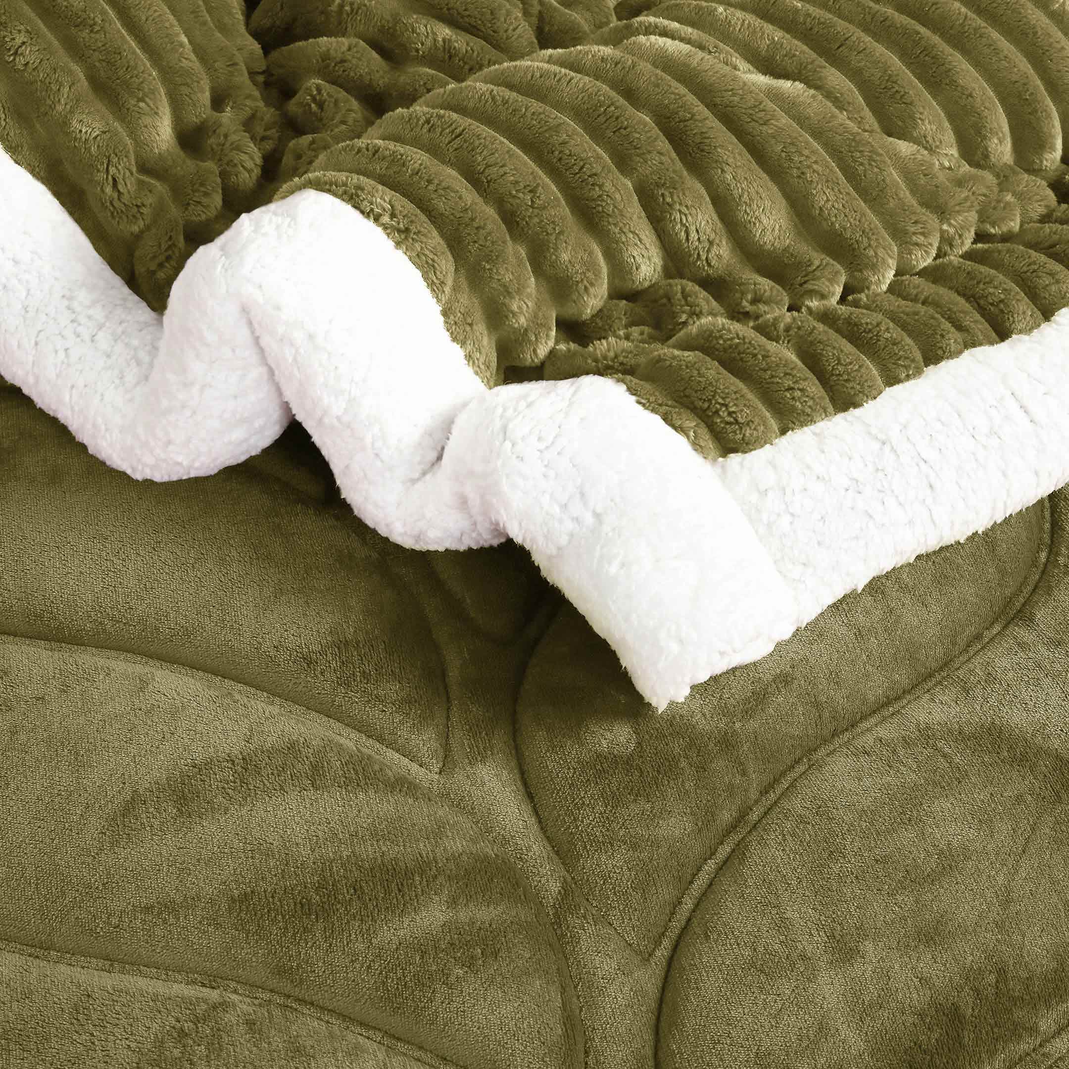 Heavy Weighted Fleece & Sherpa 7pcs Bedding Set-Martini Olive