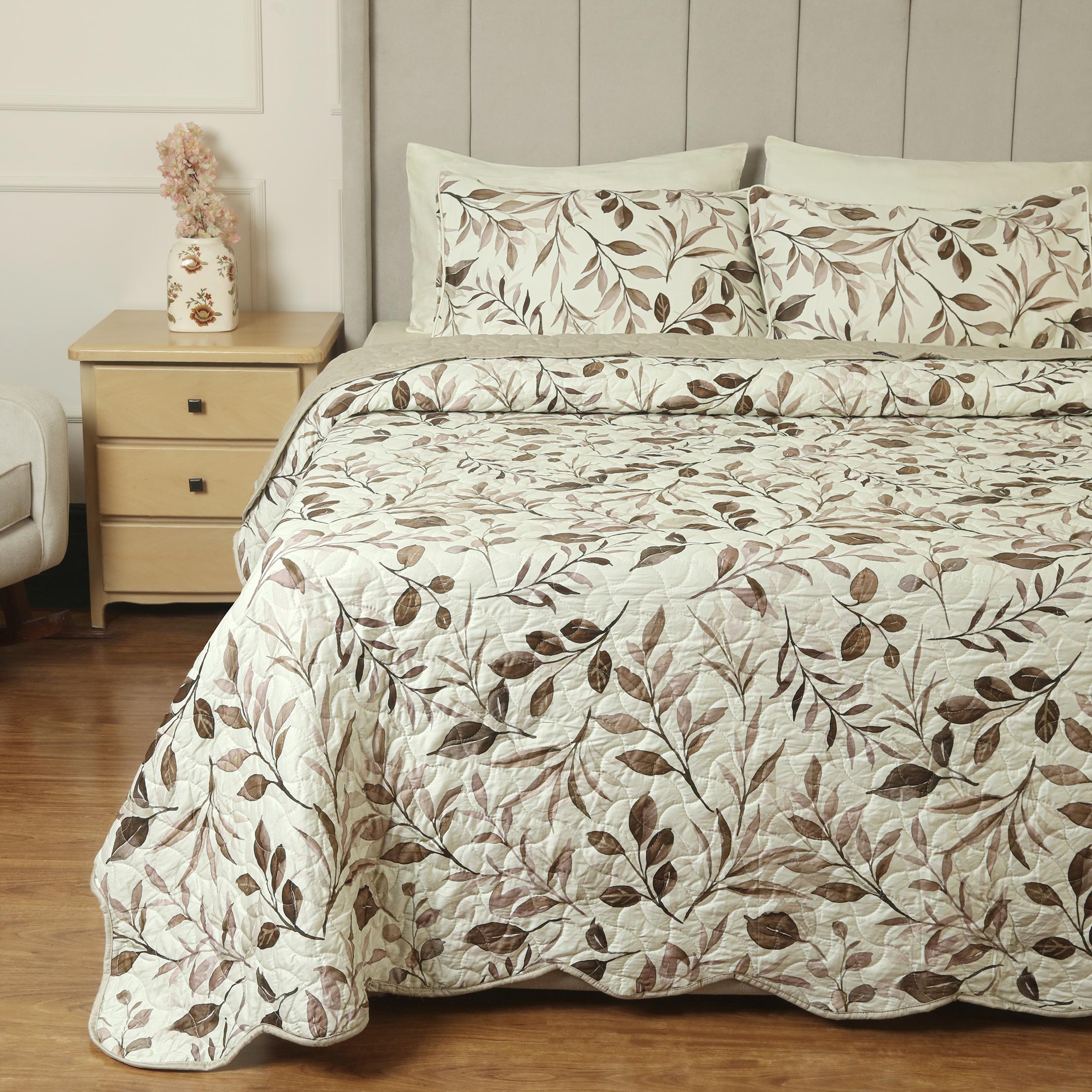 Rosewood Leaves Summer Quilted Bedspread-3pc Set