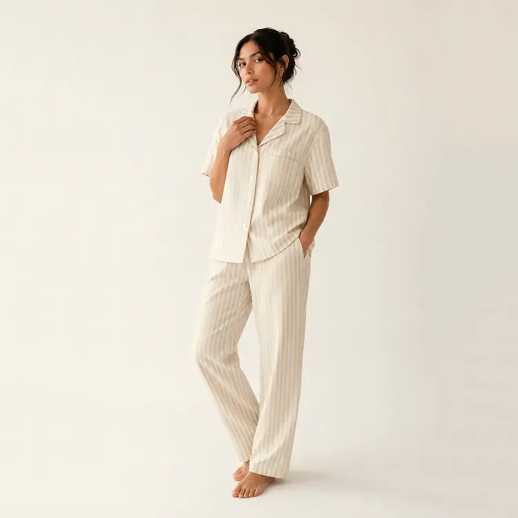 Beige Stripe Lounge wear- 2pc set