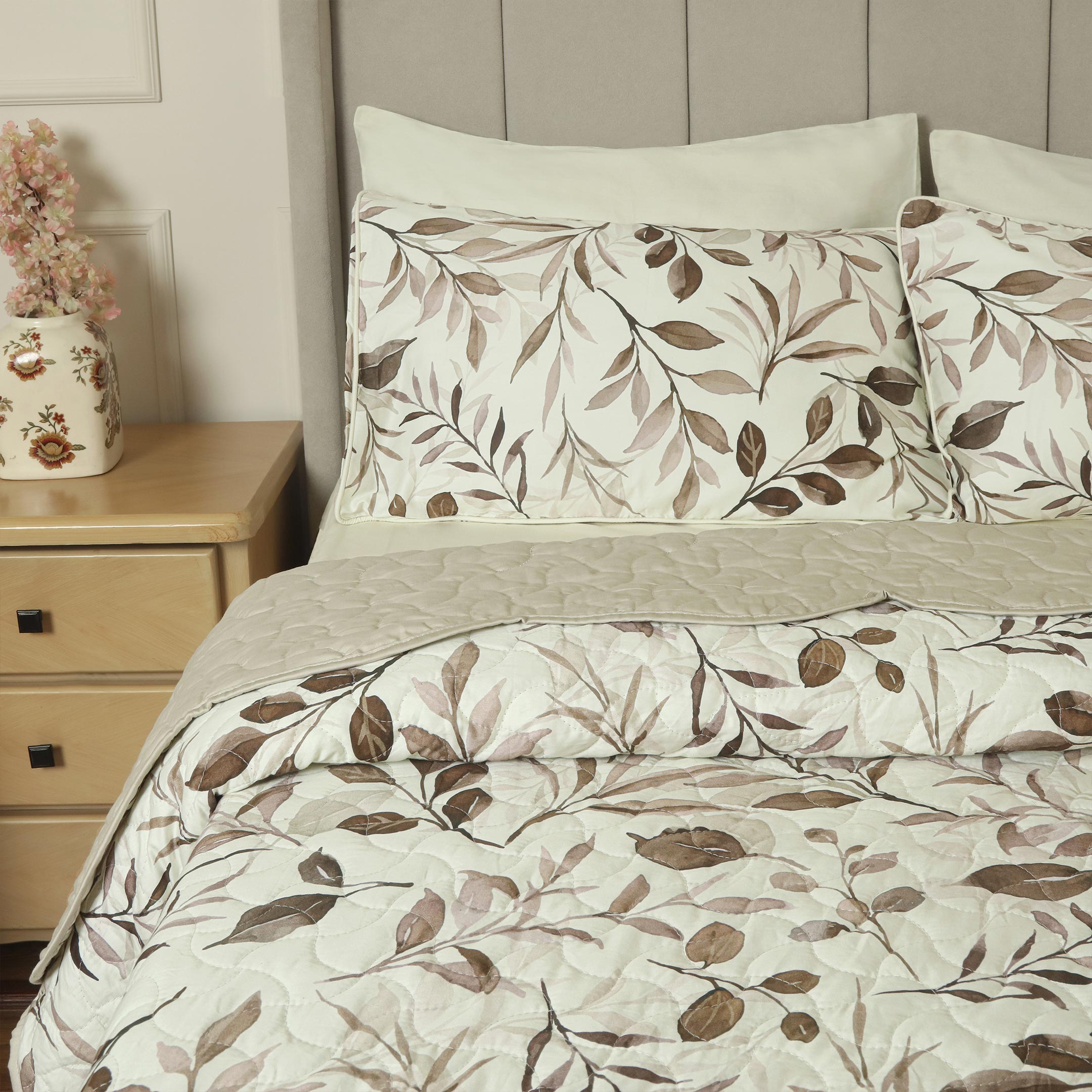 Rosewood Leaves Summer Quilted Bedspread-3pc Set