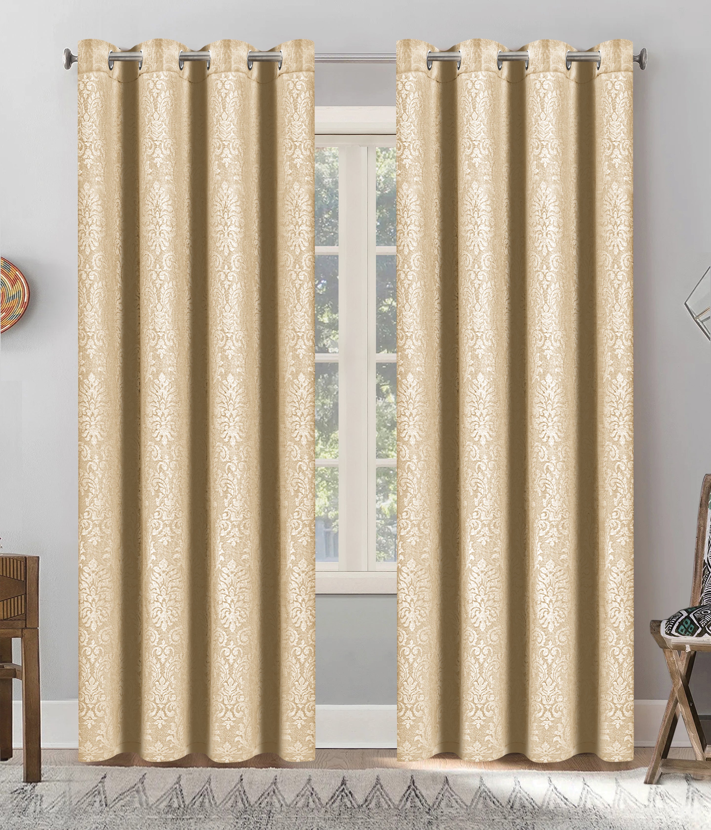 Grommet Blackout Weave Embossed Jacquard Curtain Beige