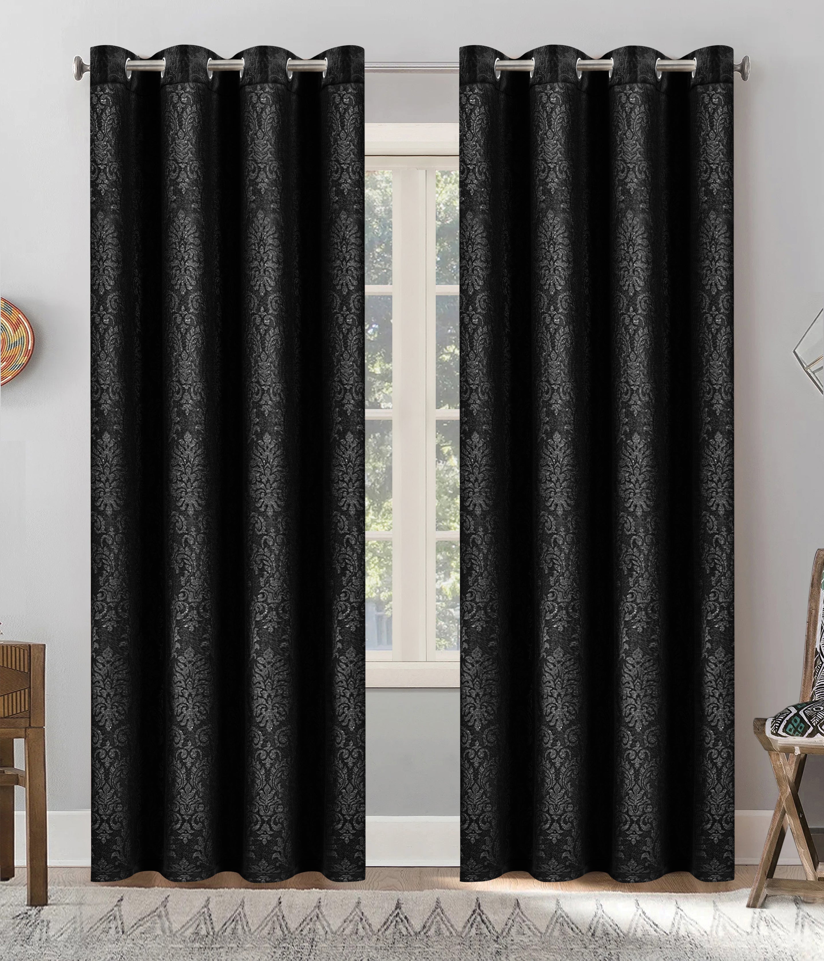 Grommet Blackout Weave Embossed Jacquard Curtain Black