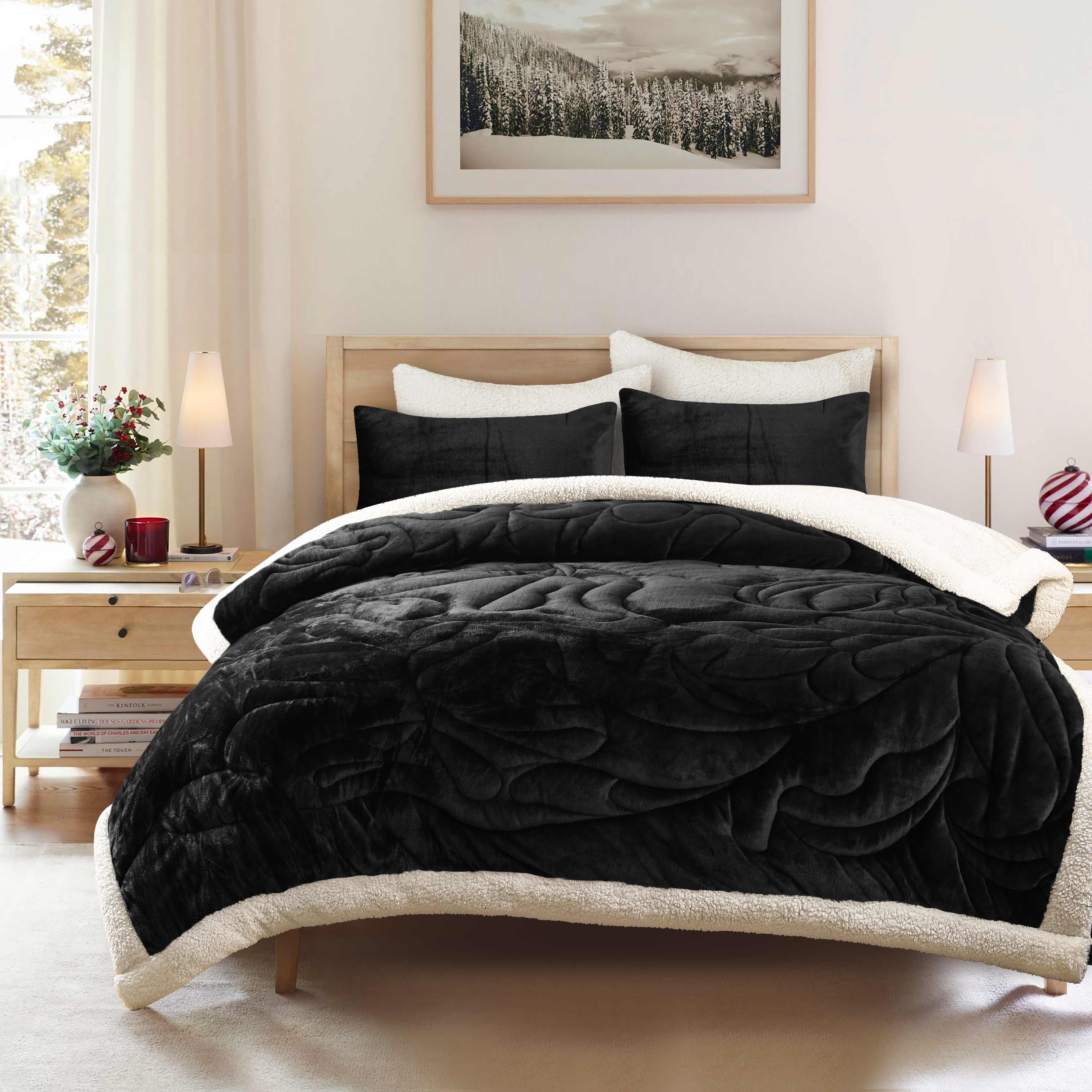 Box Quilted Weighted Sherpa Blanket Black