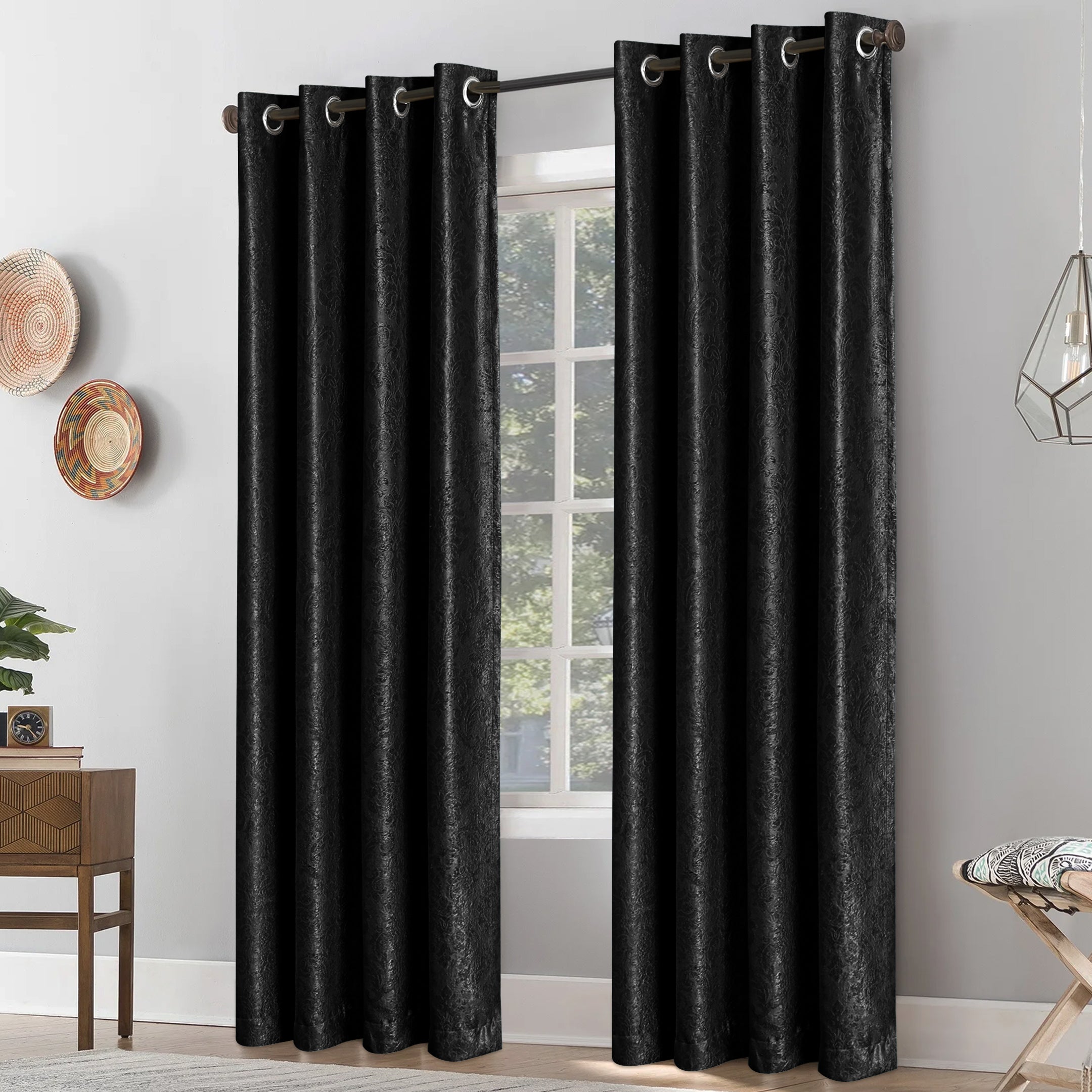 Grommet Blackout Weave Embossed Jacquard Curtain Black