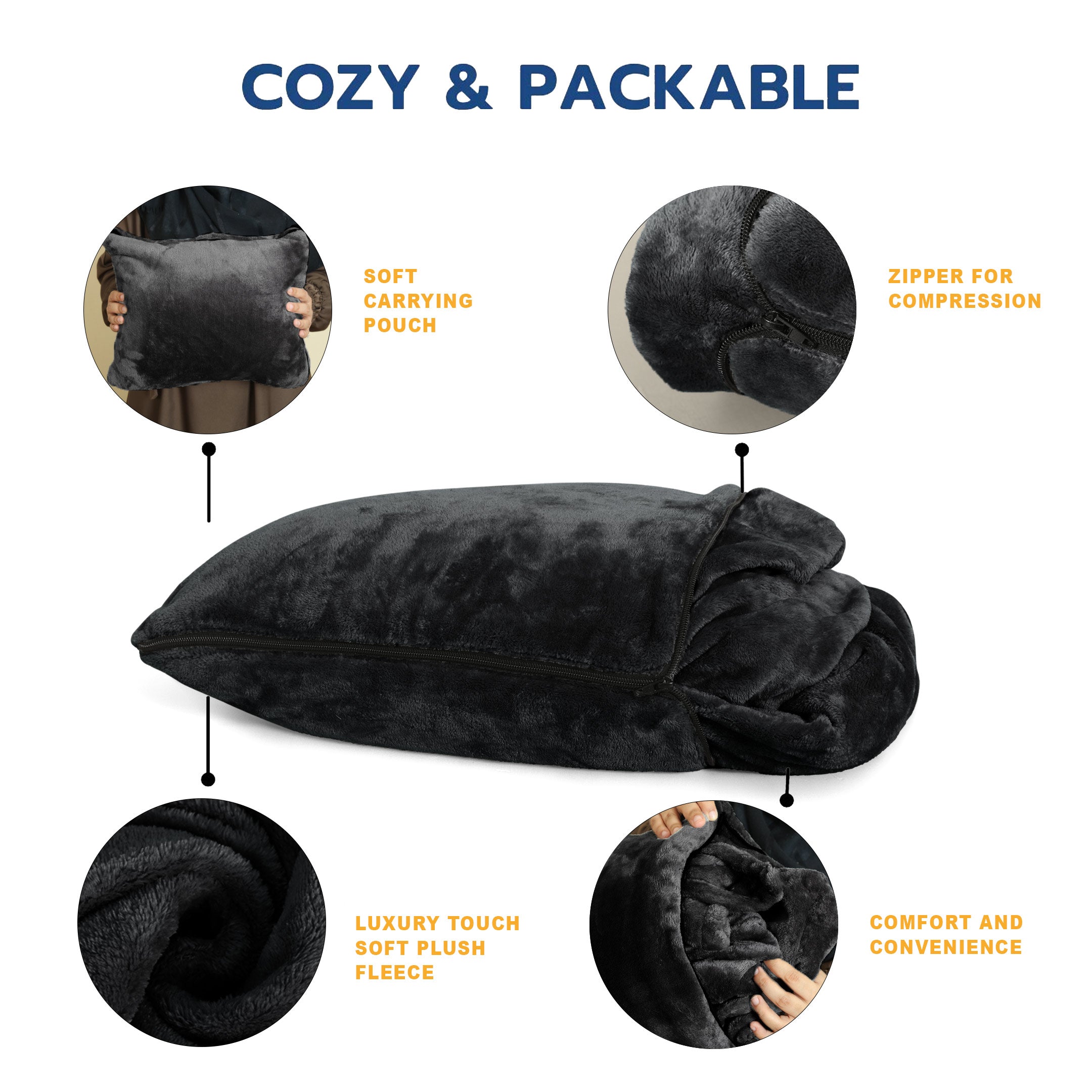 Portable Travel Blanket Pillow Black
