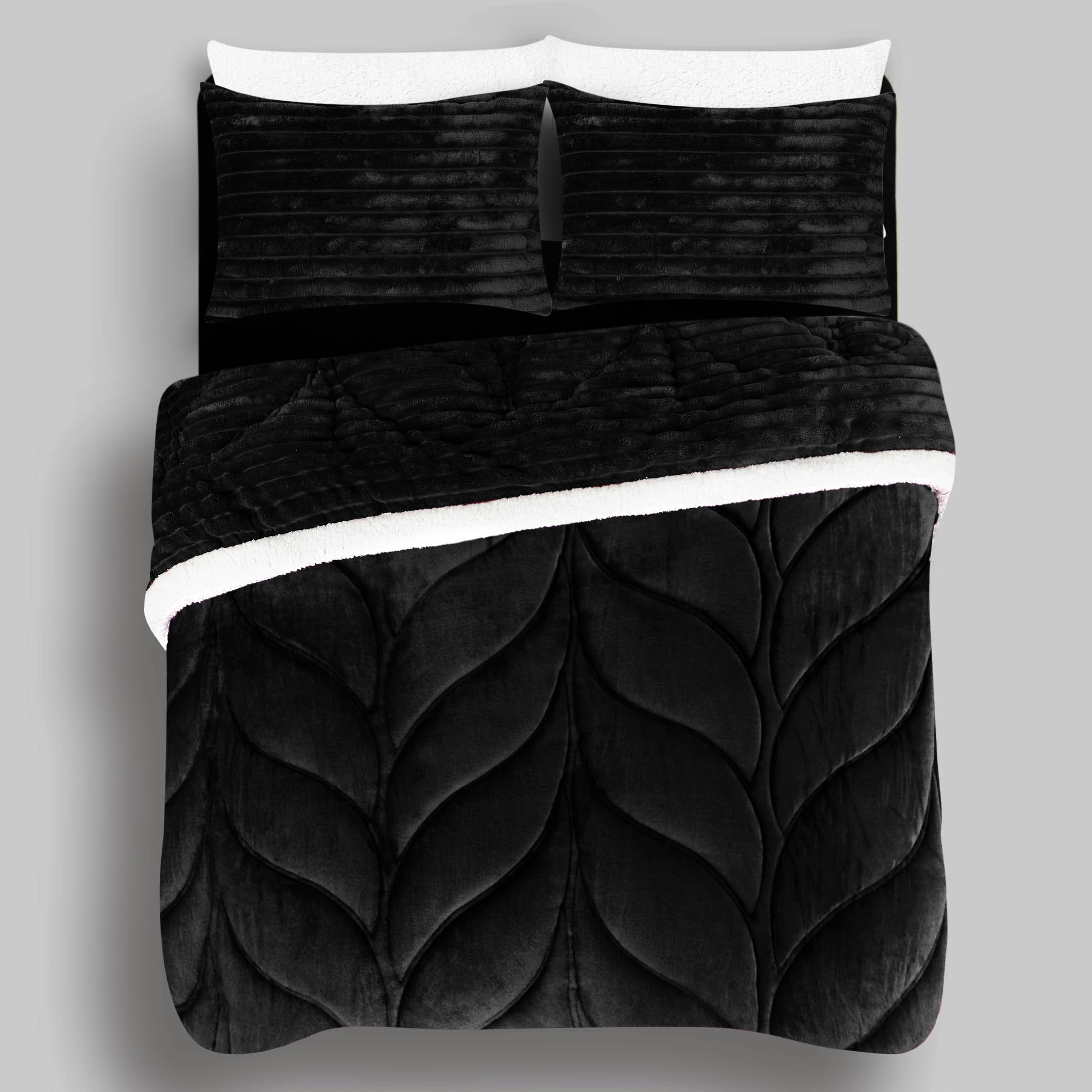 Heavy Weighted Fleece & Sherpa 7pcs Bedding Set-Black